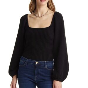 Halogen Black Puff Sleeve Square Neck Sweater
